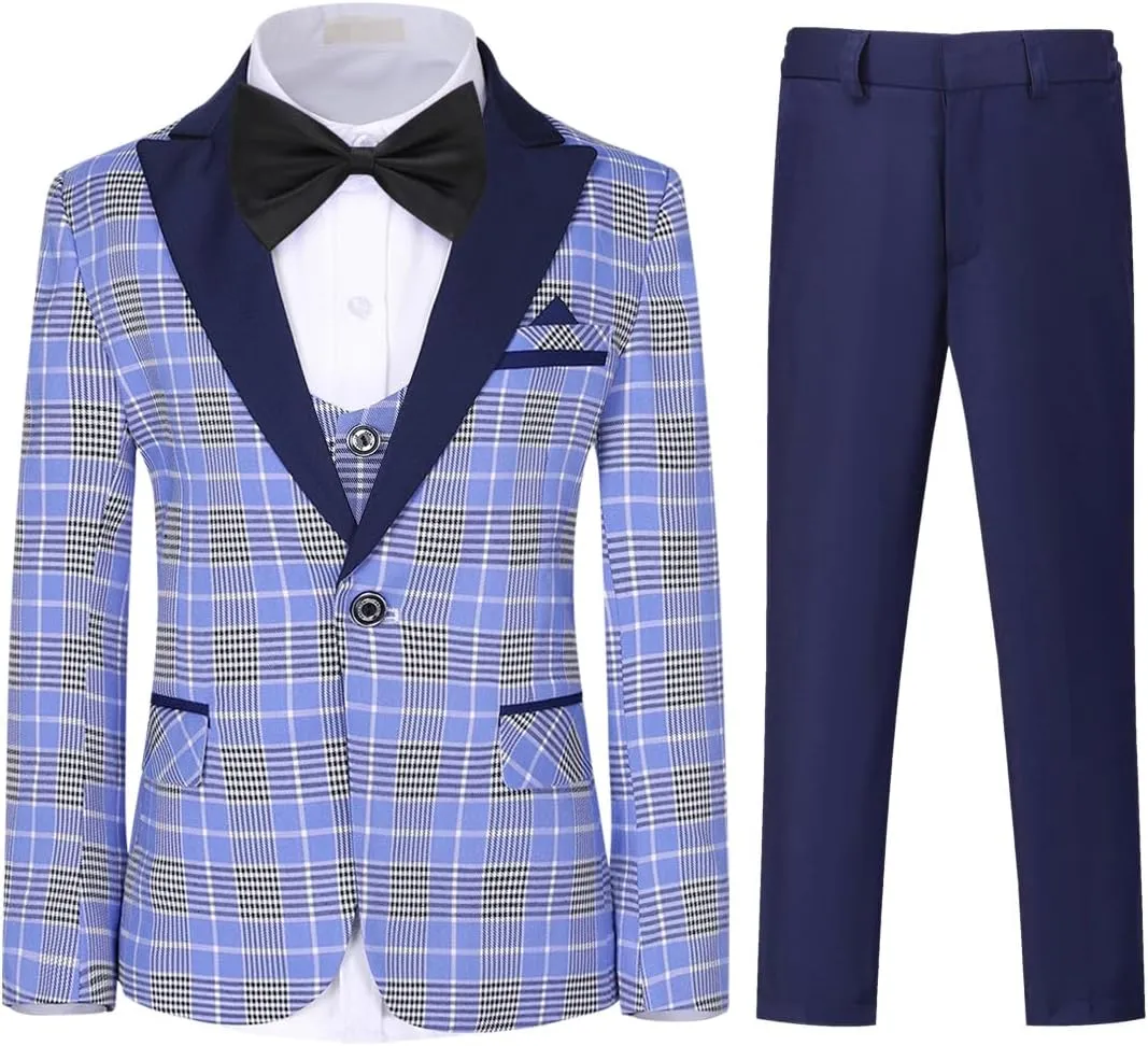 SWOTGdoby Boys Suits 3 Piece Slim Fit Check Plaid Kids Tuxedo Suits for Boys Formal Dress Blazer Jacket Pants Vest Wedding