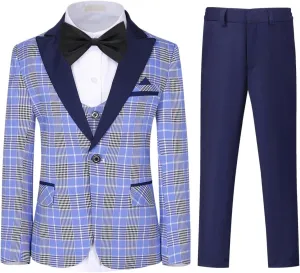 SWOTGdoby Boys Suits 3 Piece Slim Fit Check Plaid Kids Tuxedo Suits for Boys Formal Dress Blazer Jacket Pants Vest Wedding