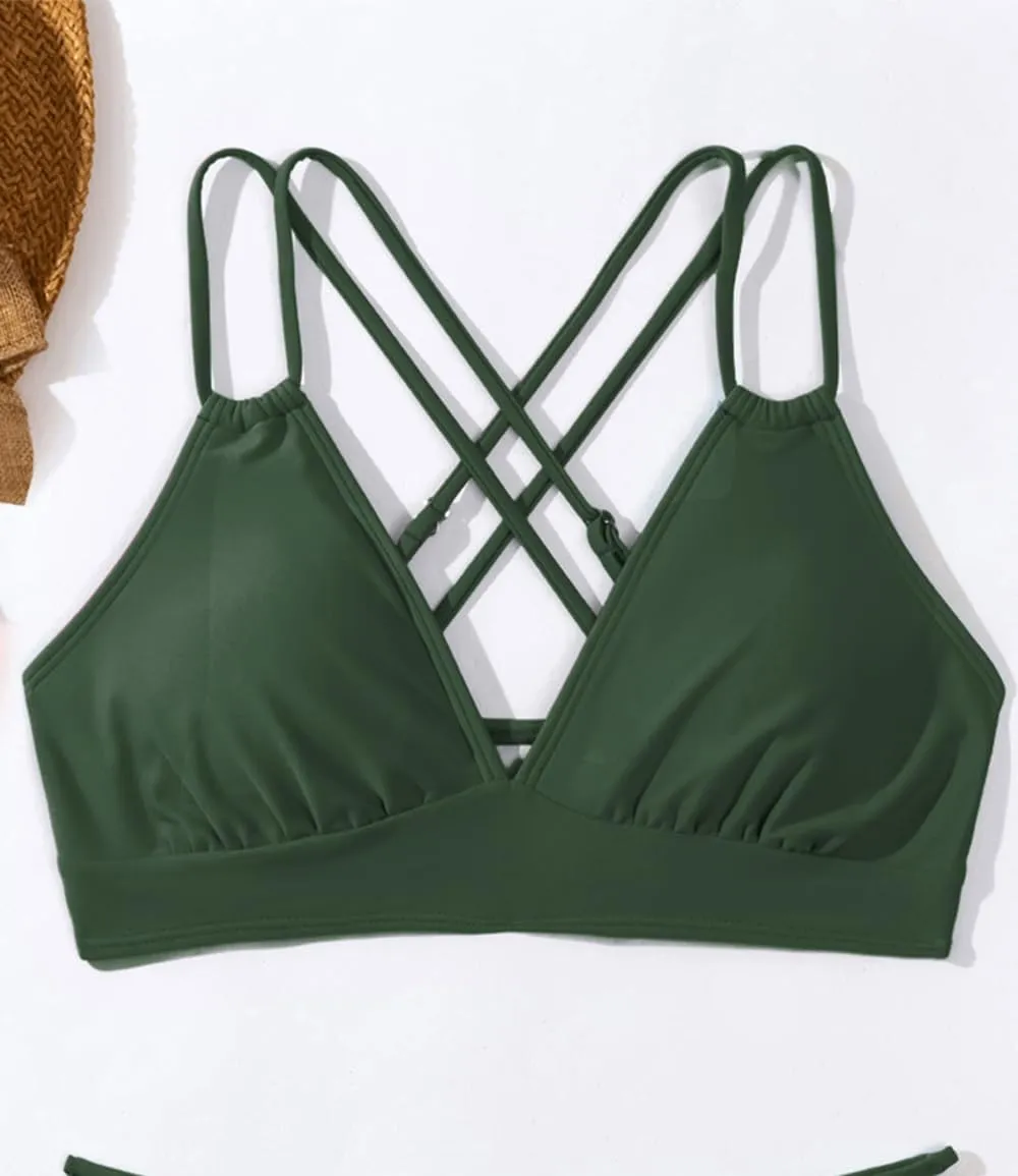 Tainehs Women's Push Up V Neck Bikini Tops Criss Cross Back Padded Bathing Suit Top Only