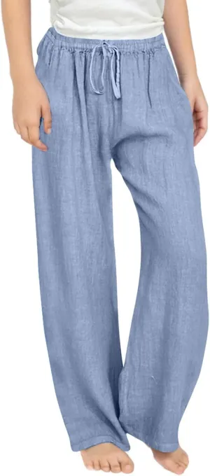 Teen Girls Casual Cotton Linen Pants Lightweight Summer Loose Fit Elastic Waist Plus Size Solid Lounge Long Trousers