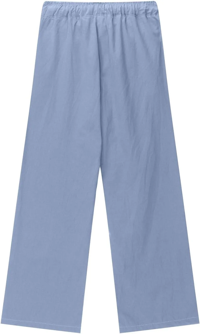 Teen Girls Casual Cotton Linen Pants Lightweight Summer Loose Fit Elastic Waist Plus Size Solid Lounge Long Trousers