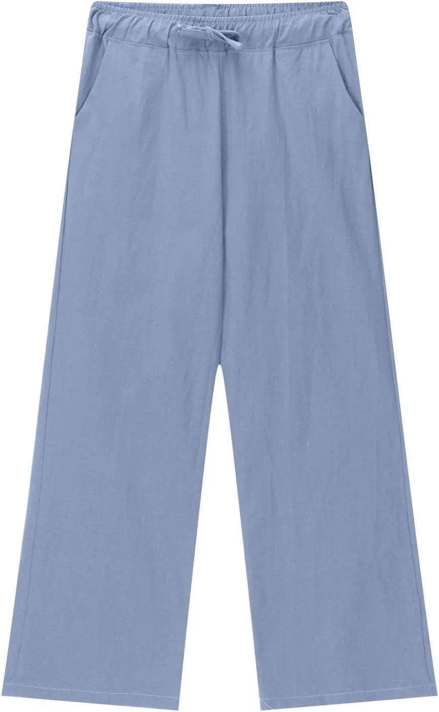 Teen Girls Casual Cotton Linen Pants Lightweight Summer Loose Fit Elastic Waist Plus Size Solid Lounge Long Trousers
