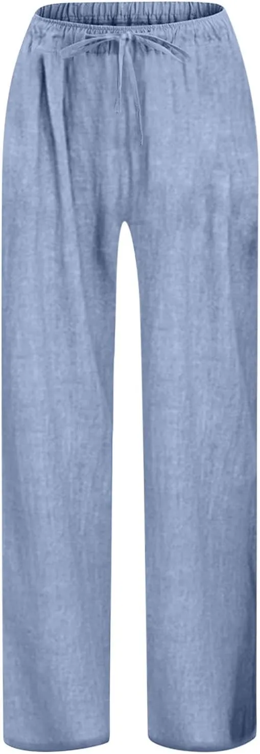 Teen Girls Casual Cotton Linen Pants Lightweight Summer Loose Fit Elastic Waist Plus Size Solid Lounge Long Trousers