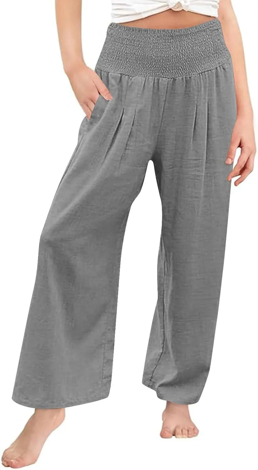 Teen Girls Cotton Linen Palazzo Pants Summer High Waist Casual Lounge Wide Leg Pant 2025 Beach Travel Resort Trousers