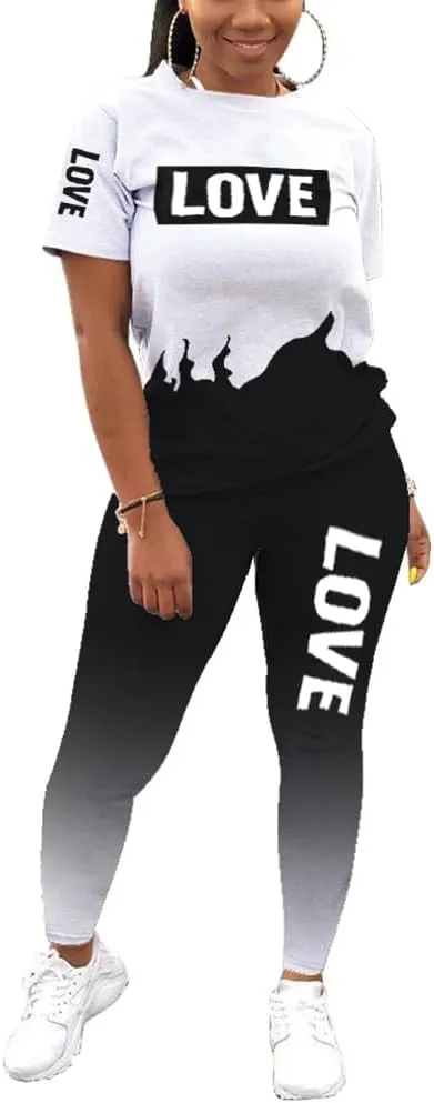 THLAI Women Letter Print 2 Piece Outfits Short Sleeve Tshirt Top and Long Gradient Pants Tracksuits Jogging Sets S-3XL