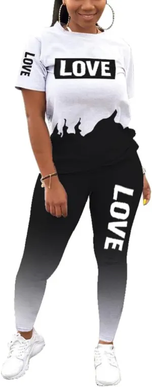 THLAI Women Letter Print 2 Piece Outfits Short Sleeve Tshirt Top and Long Gradient Pants Tracksuits Jogging Sets S-3XL