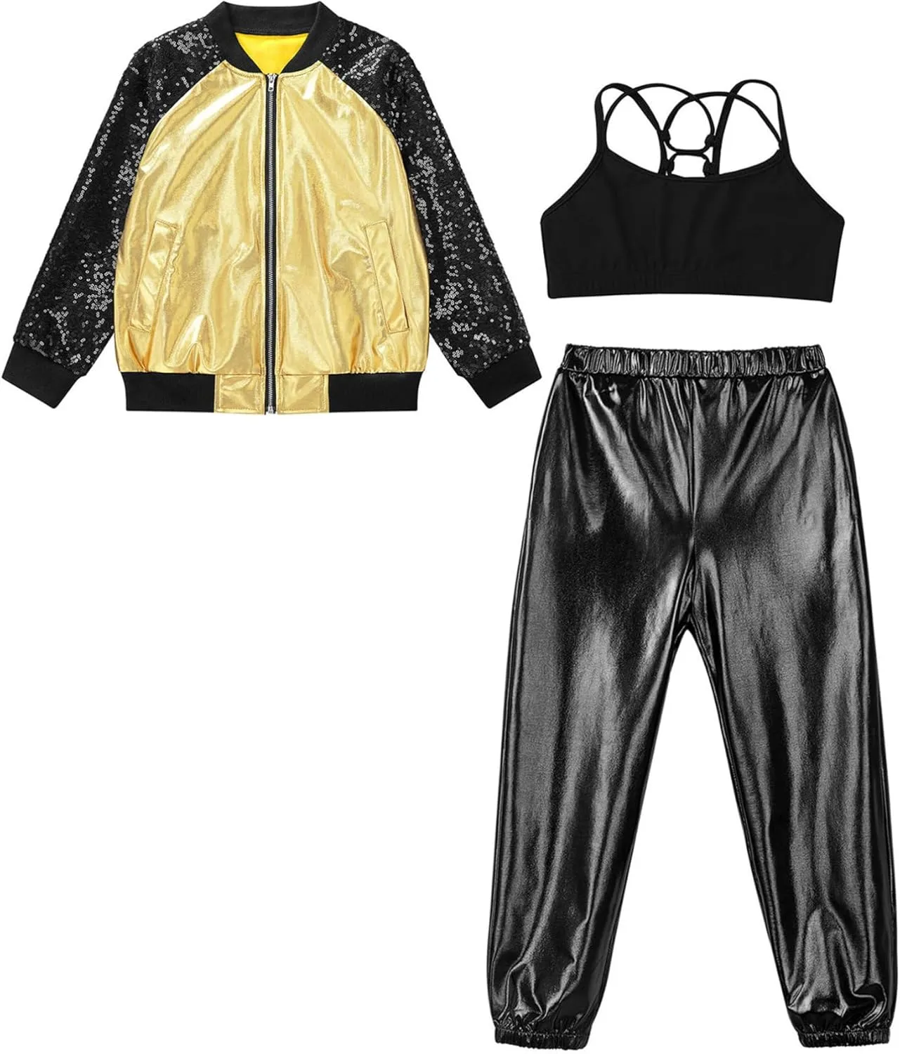 TiaoBug Kids Girls Long Sleeve Bomber Jacket Hip Hop Jazz Street Ballet Dance Coat Sports Bra Vest with Harem Pants Set
