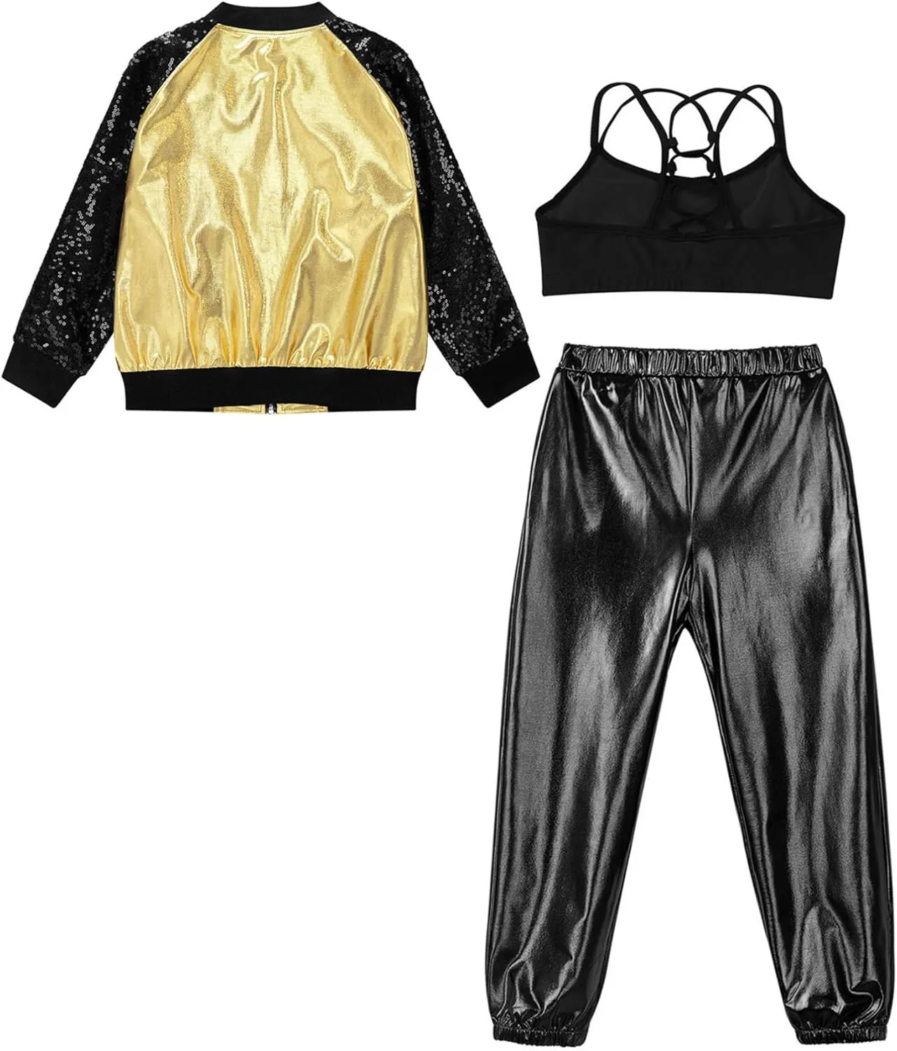 TiaoBug Kids Girls Long Sleeve Bomber Jacket Hip Hop Jazz Street Ballet Dance Coat Sports Bra Vest with Harem Pants Set