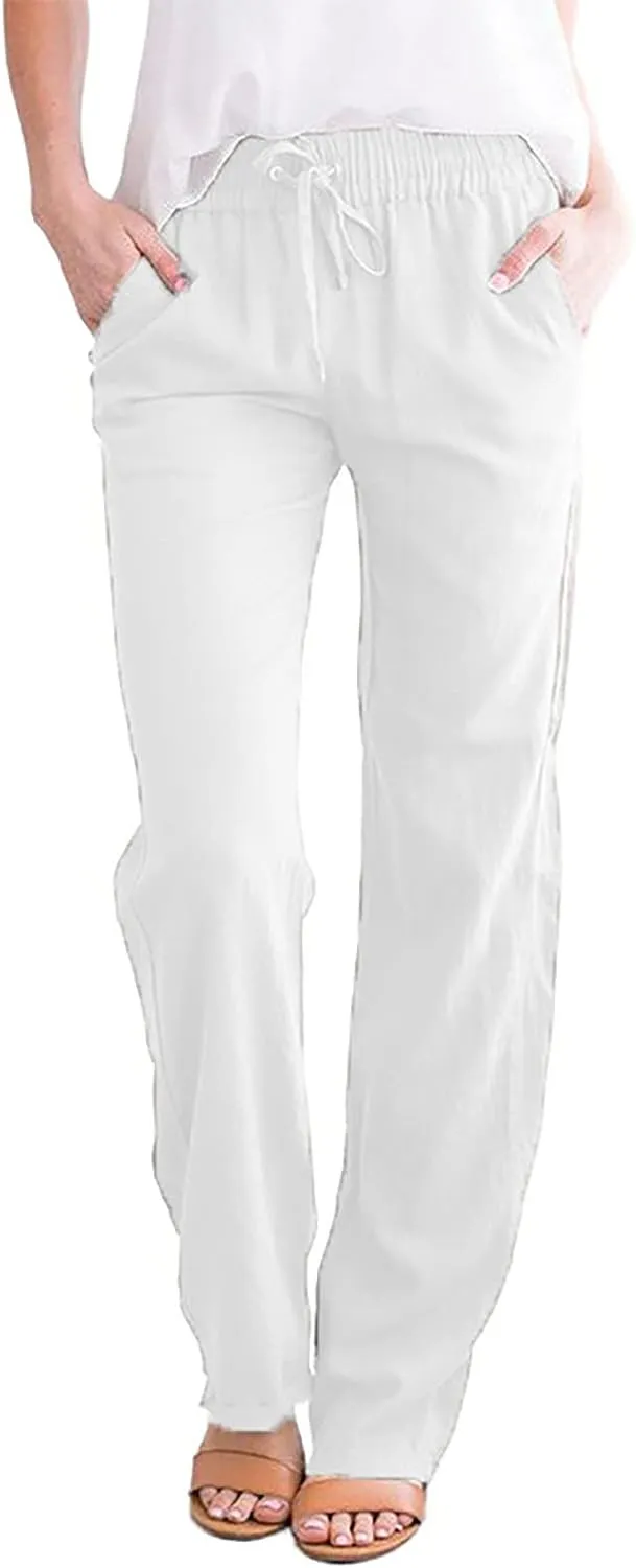 tuduoms Women Linen Casual Pants Summer Fashion Solid Elastic High Wasited Straight Pants Comfy Beach Trousers with Pockets