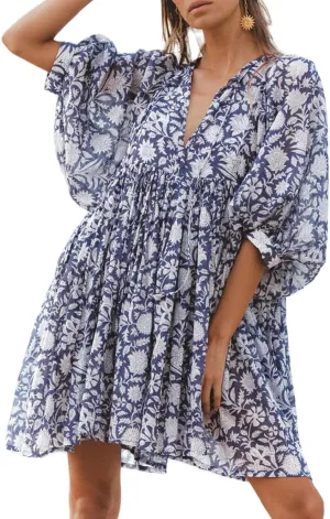 UAURORAO Women Boho Floral Babydoll Dress Puff Sleeve Ruffle Tunic Shirt Dress Flowy A Line Bohemian Short Sundress