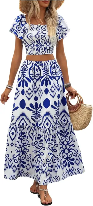 Verdusa Women's 2 Piece Boho Floral Outfit Smocked Short Sleeve Crop Tops Flowy Ruffle Skirt Set