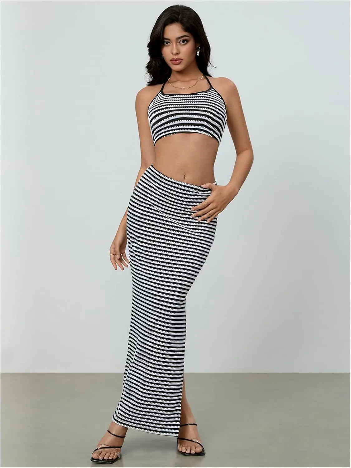 Verdusa Women's 2 Piece Striped Outfits Backless Crop Halter Tops with Slit Maxi Skirt Vacation Set
