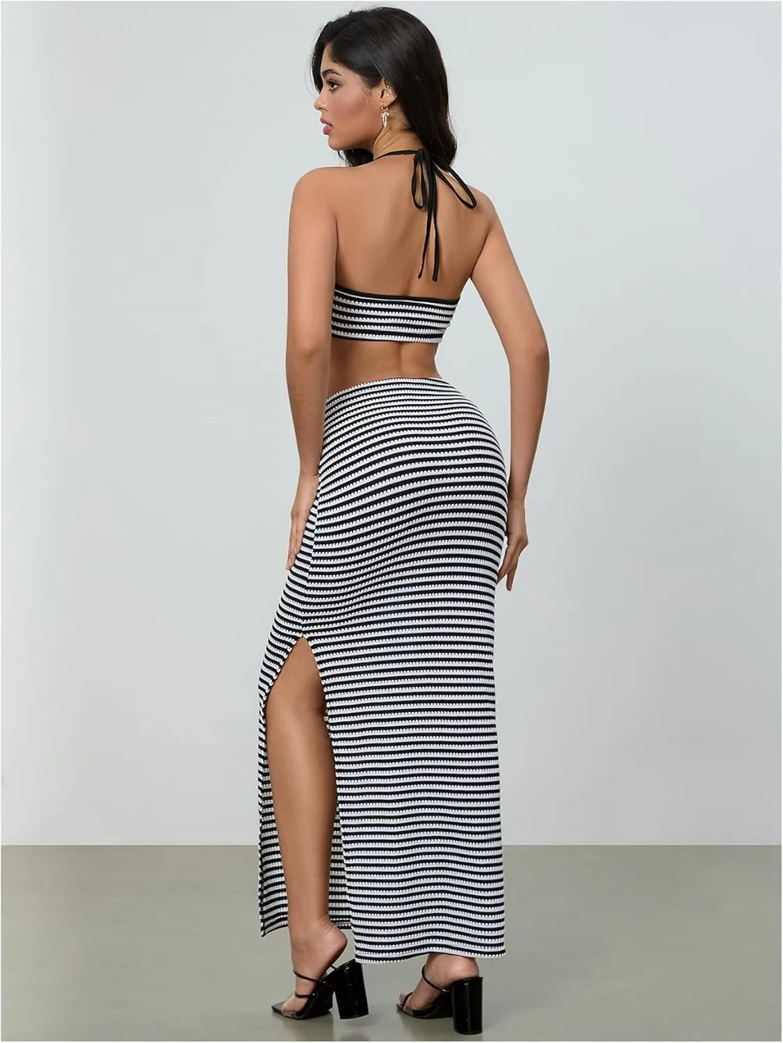 Verdusa Women's 2 Piece Striped Outfits Backless Crop Halter Tops with Slit Maxi Skirt Vacation Set