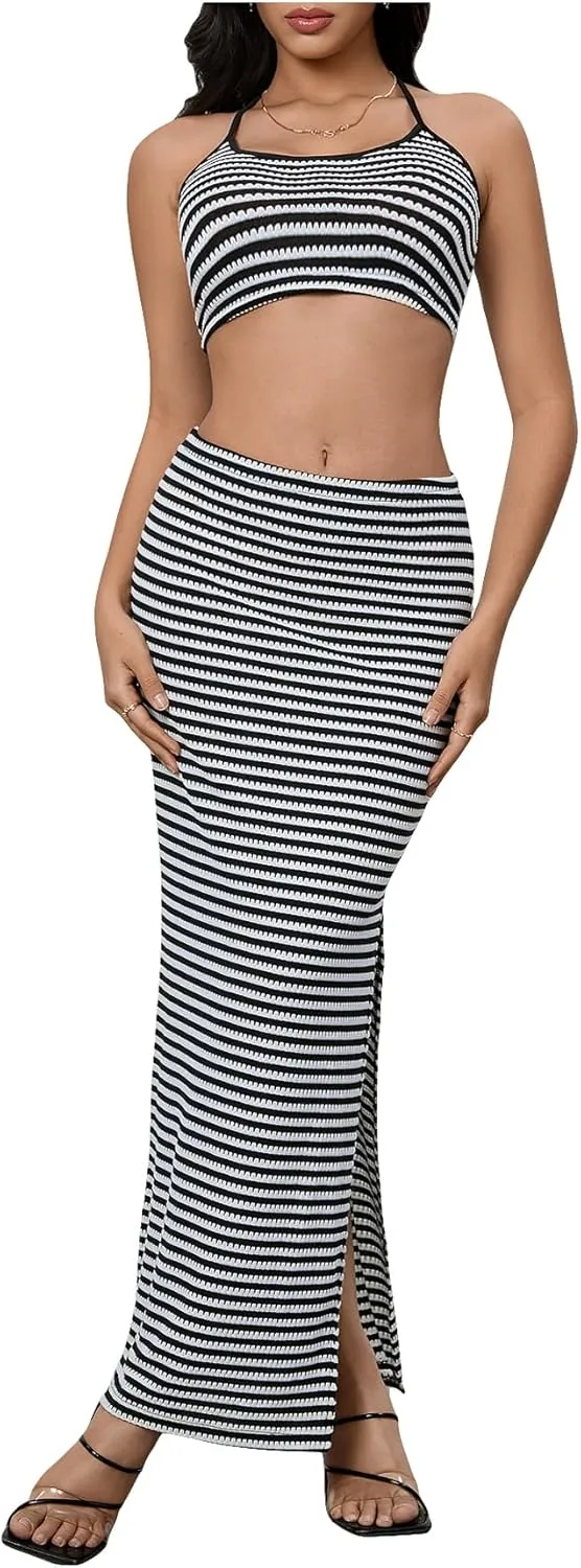 Verdusa Women's 2 Piece Striped Outfits Backless Crop Halter Tops with Slit Maxi Skirt Vacation Set