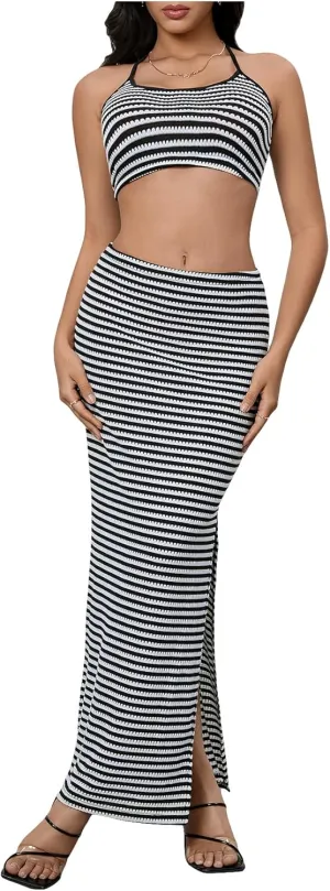 Verdusa Women's 2 Piece Striped Outfits Backless Crop Halter Tops with Slit Maxi Skirt Vacation Set