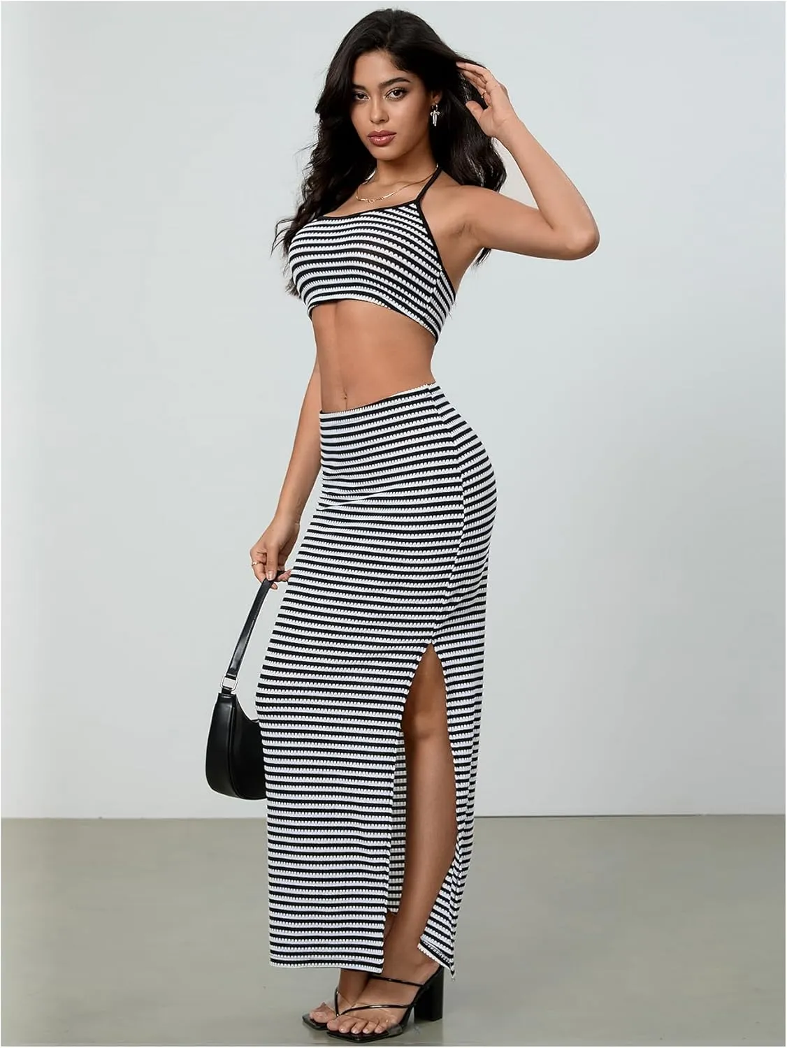 Verdusa Women's 2 Piece Striped Outfits Backless Crop Halter Tops with Slit Maxi Skirt Vacation Set