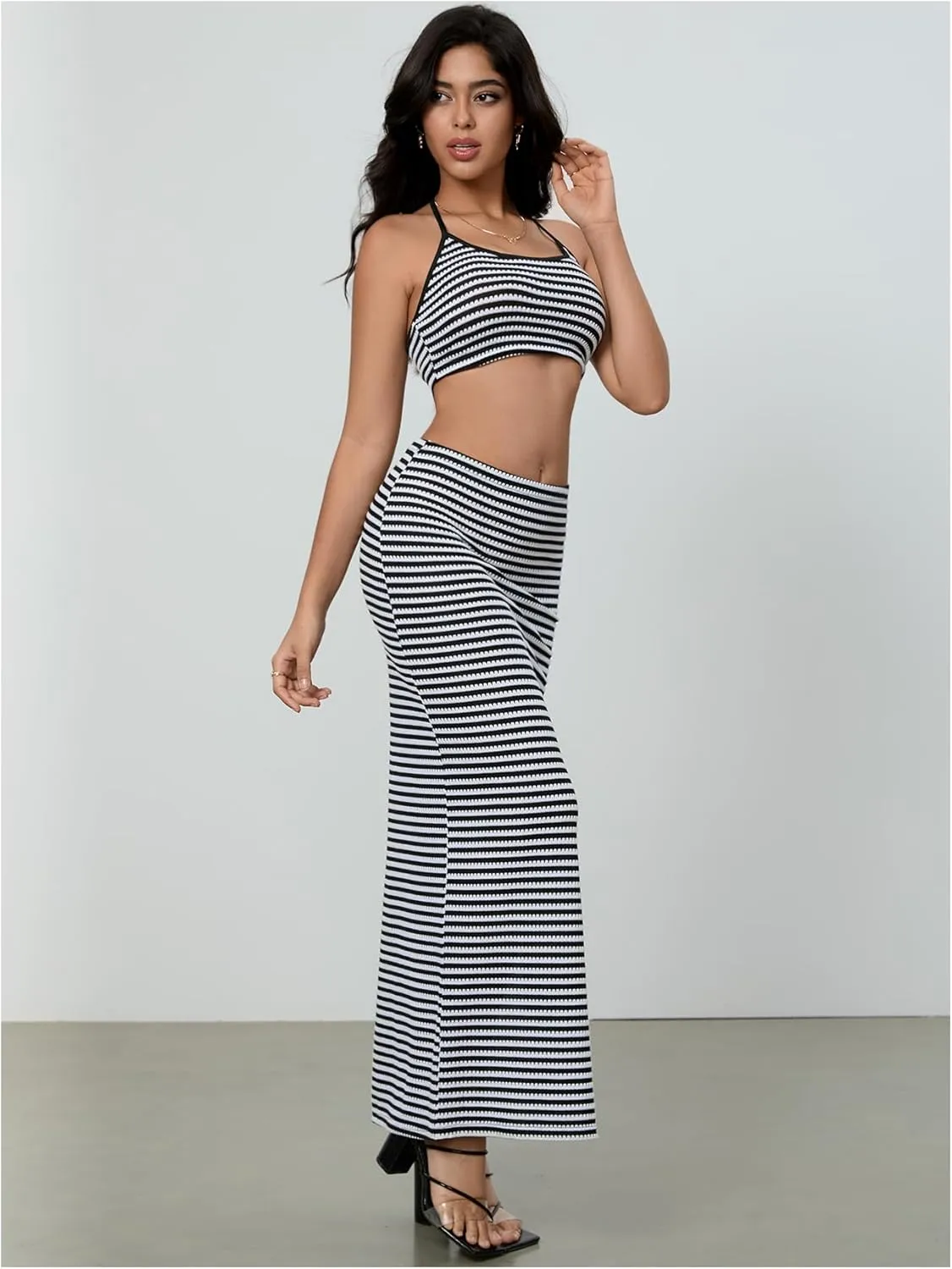 Verdusa Women's 2 Piece Striped Outfits Backless Crop Halter Tops with Slit Maxi Skirt Vacation Set