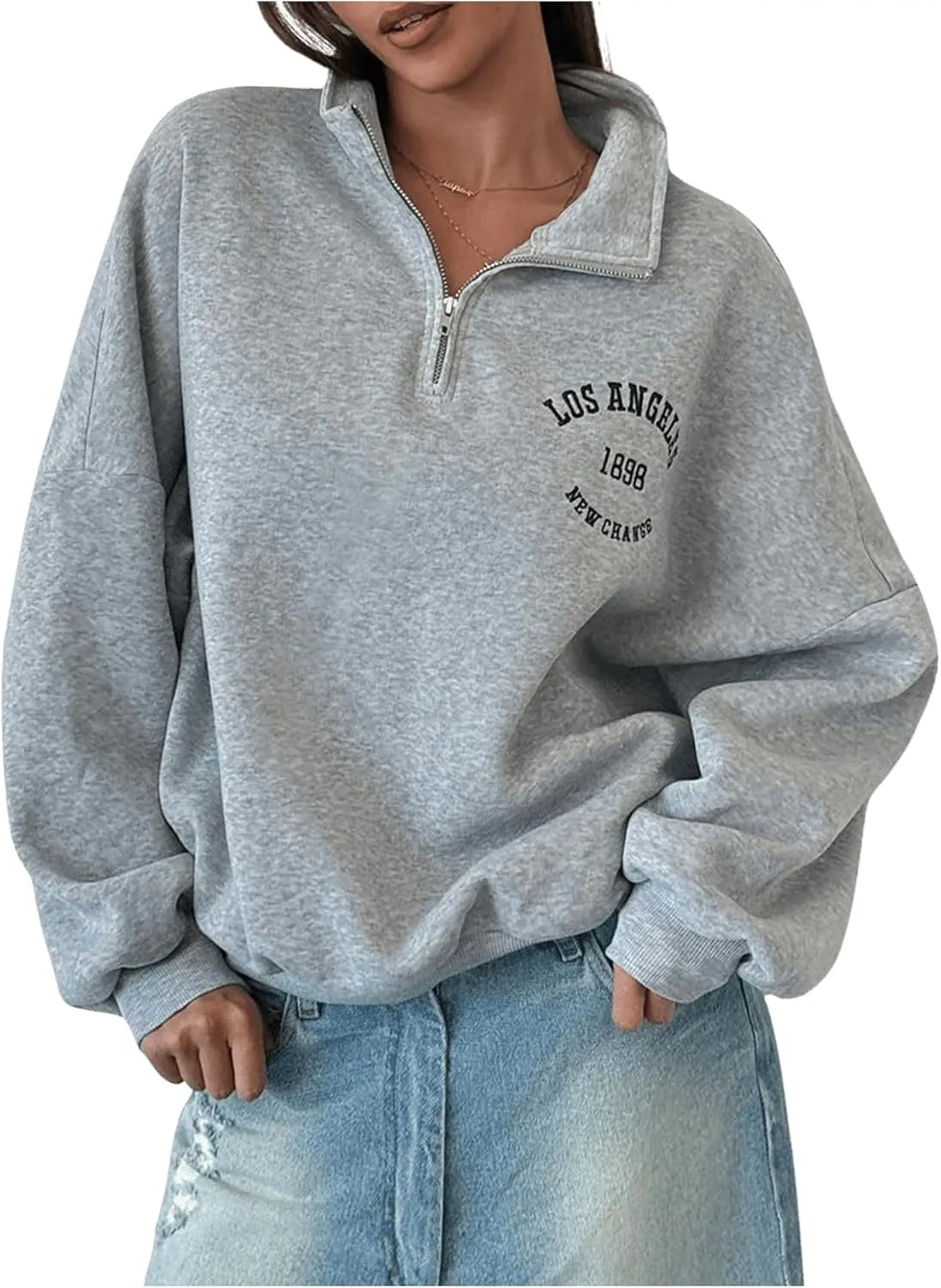 Verdusa Women's Oversized Quarter Zip Pullover Fleece Loose Sweatshirt Letter Print Tops