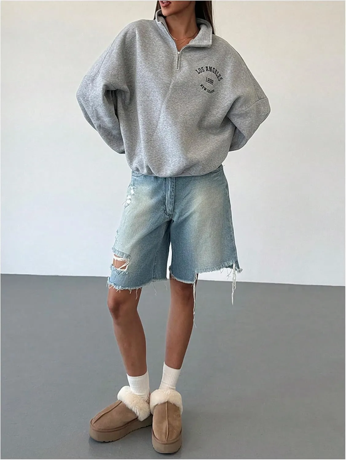 Verdusa Women's Oversized Quarter Zip Pullover Fleece Loose Sweatshirt Letter Print Tops