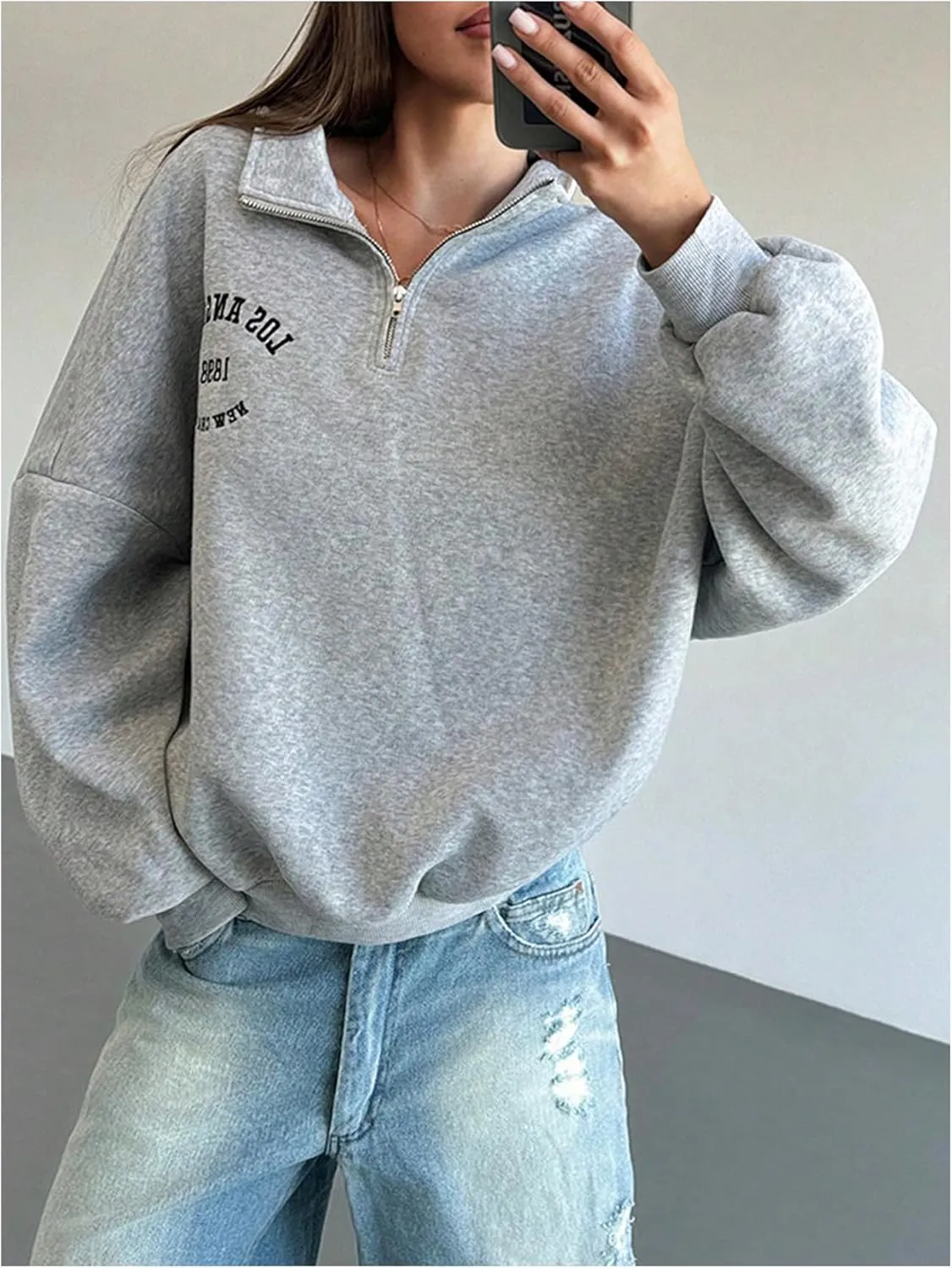 Verdusa Women's Oversized Quarter Zip Pullover Fleece Loose Sweatshirt Letter Print Tops