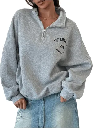 Verdusa Women's Oversized Quarter Zip Pullover Fleece Loose Sweatshirt Letter Print Tops