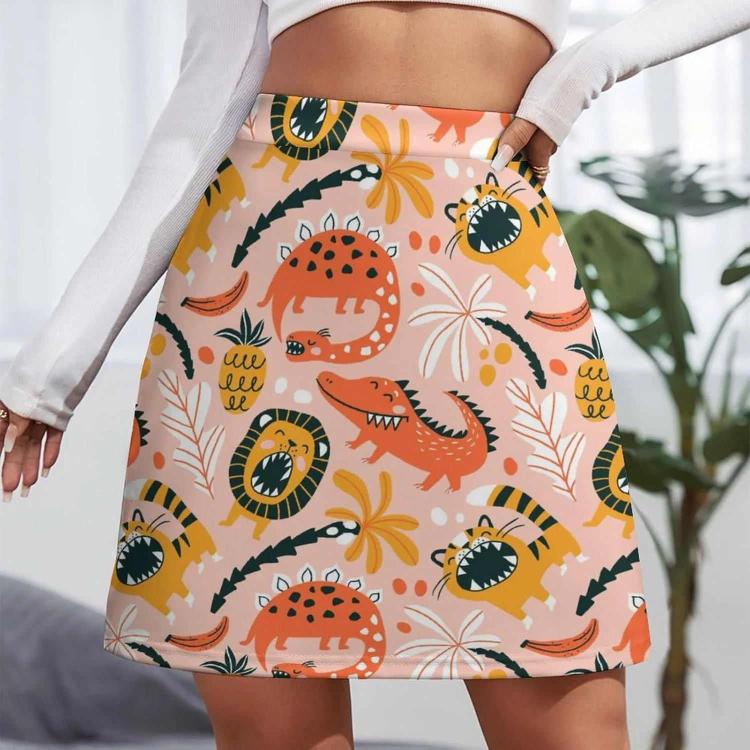 Vintage Dinosaur Heat Skulls Women's High Waist Stretchy Mini Skirt Elastic Summer Casual Above Knee Basic