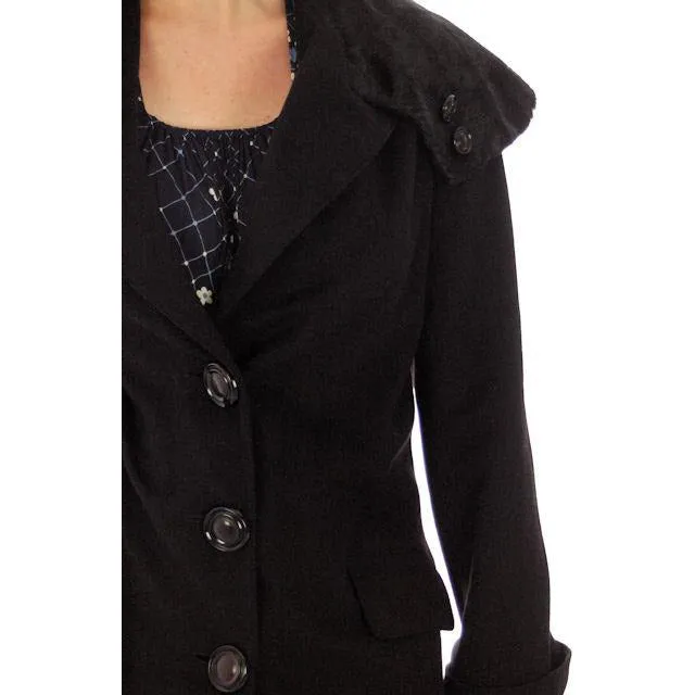 Vintage Womens Coat 1920s Black Wool w/ Pony Fur Collar Plus Size