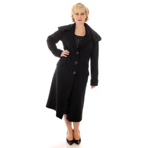 Vintage Womens Coat 1920s Black Wool w/ Pony Fur Collar Plus Size