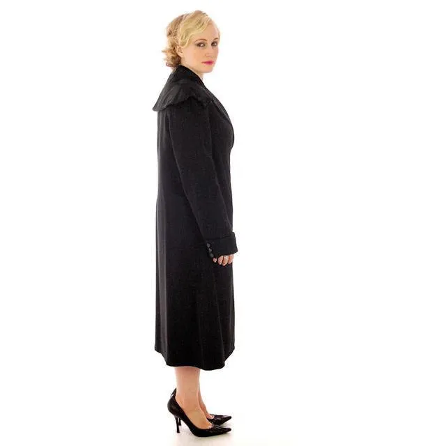 Vintage Womens Coat 1920s Black Wool w/ Pony Fur Collar Plus Size