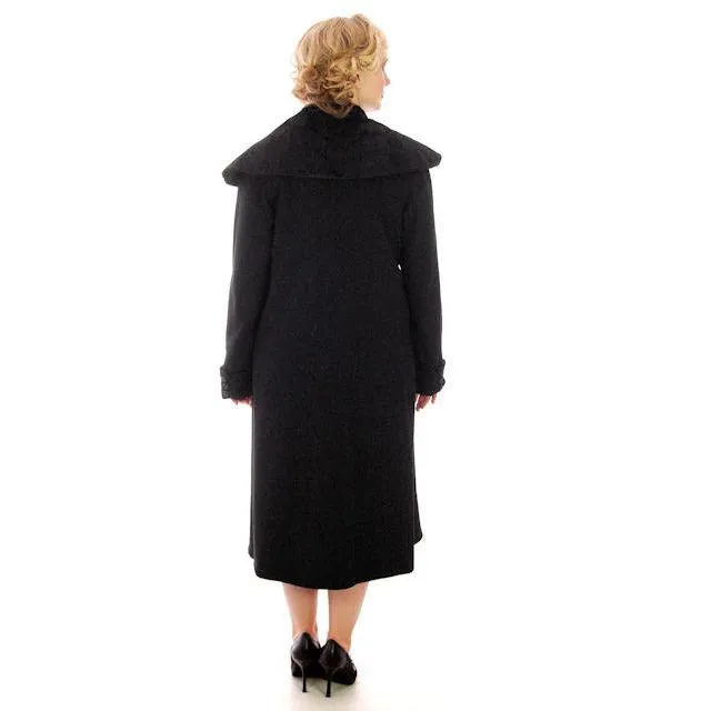 Vintage Womens Coat 1920s Black Wool w/ Pony Fur Collar Plus Size