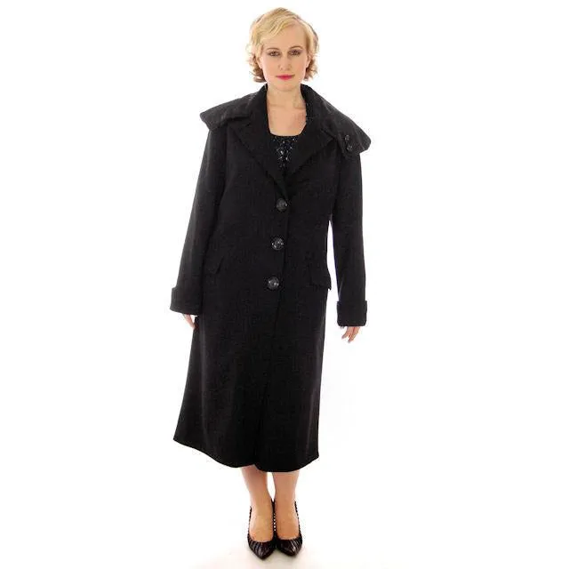 Vintage Womens Coat 1920s Black Wool w/ Pony Fur Collar Plus Size