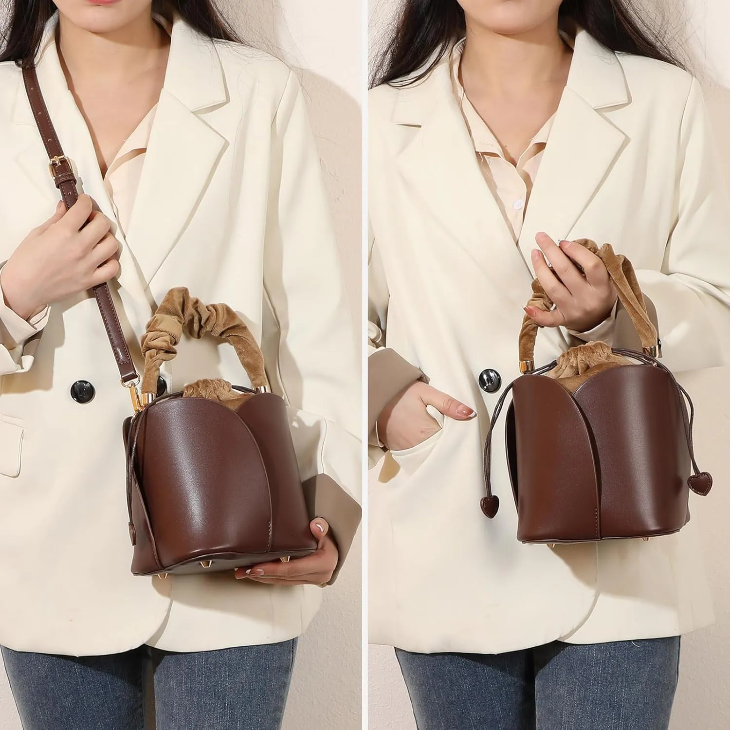 Vintage Women's Fashion Bucket Bag, Top Handle Handbag, PU Leather Drawstring Shoulder Crossbody Bag, Daily Commuter Bag