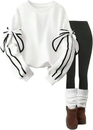 WDIRARA Women's Bow Oversized Sweatshirt Y2k Crew Neck Long Sleeve Pullover Tops
