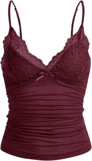WDIRARA Women's Sexy Y2K V Neck Lace Patchwork Cami Top Sleeveless Spaghetti Strap Bow Camisole Tops