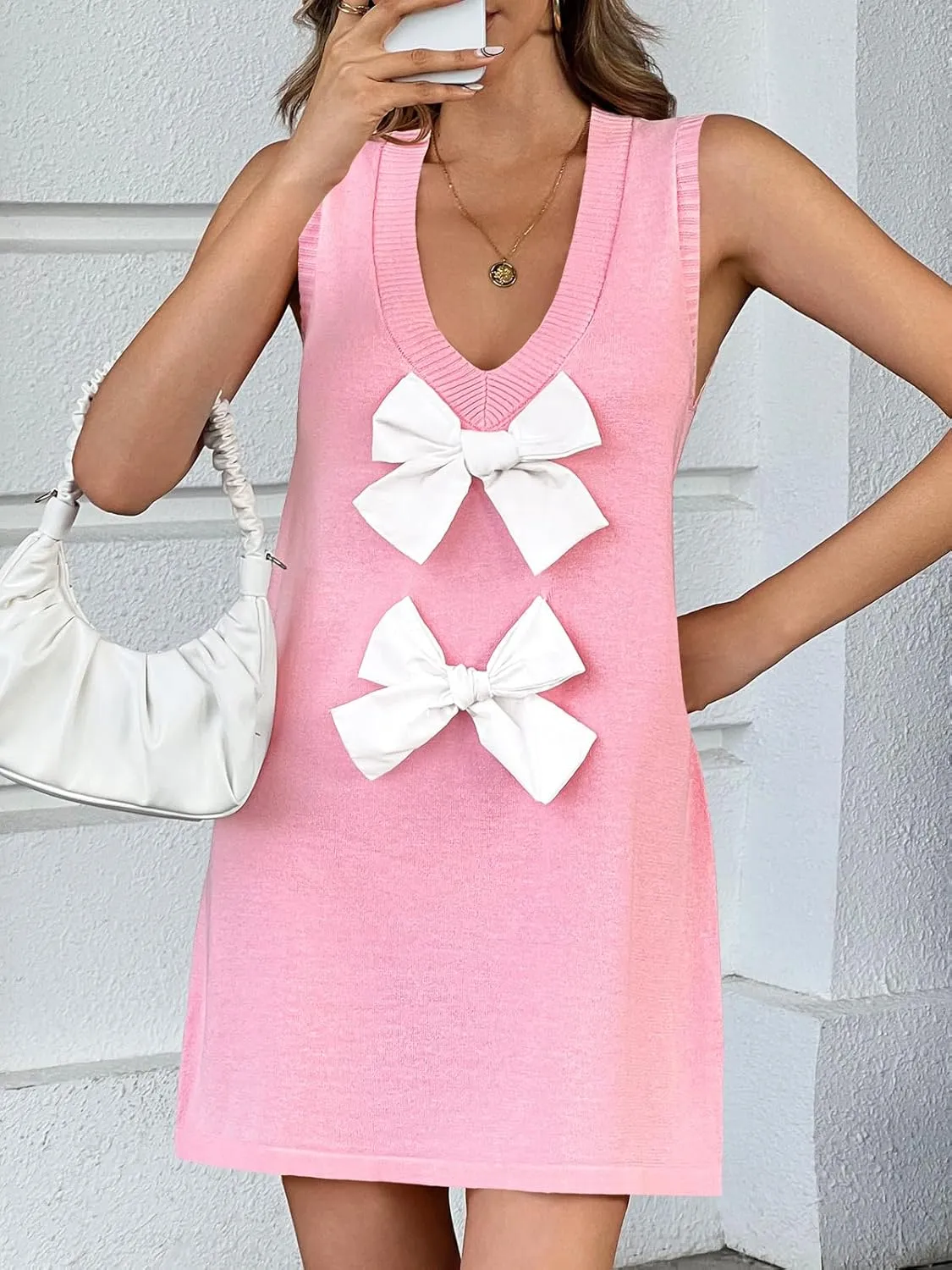 Wenrine Womens Sleeveless Mini Dress Summer Deep V Neck Bowknot Casual Loose Fit Knit Shift Dresses