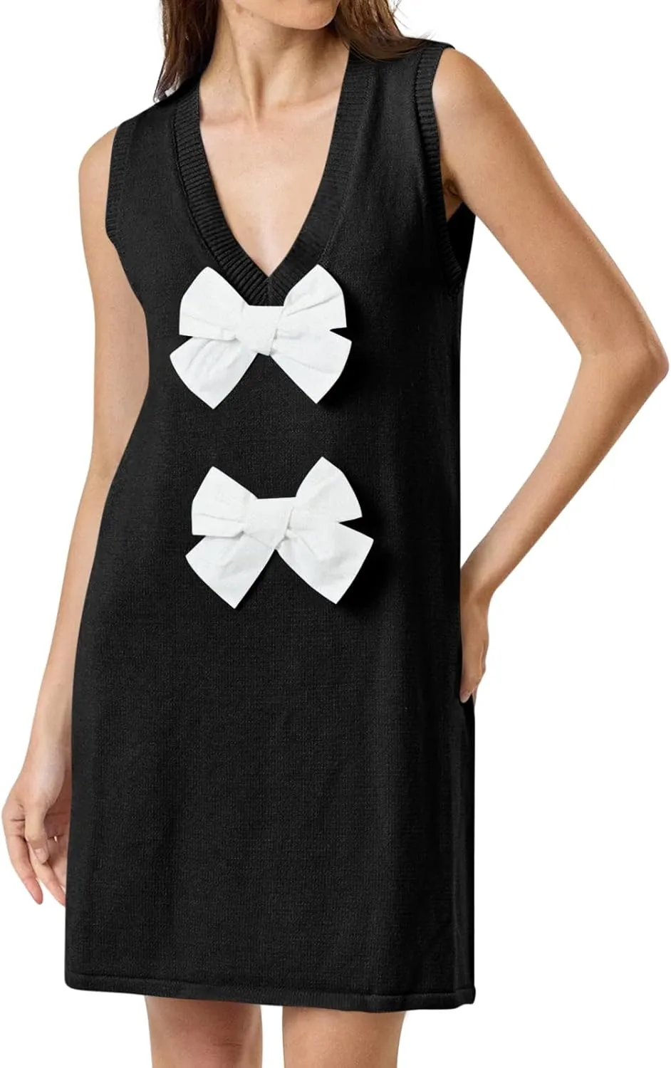 Wenrine Womens Sleeveless Mini Dress Summer Deep V Neck Bowknot Casual Loose Fit Knit Shift Dresses