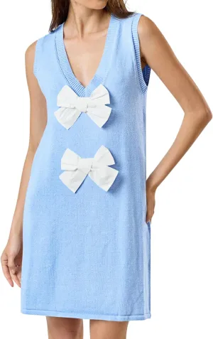 Wenrine Womens Sleeveless Mini Dress Summer Deep V Neck Bowknot Casual Loose Fit Knit Shift Dresses