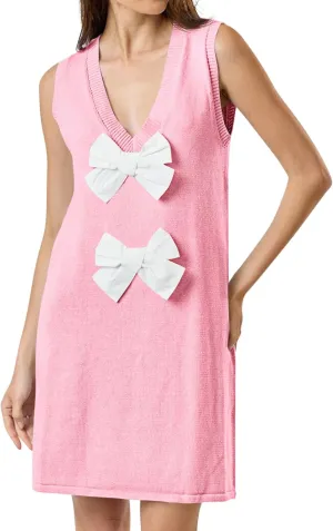 Wenrine Womens Sleeveless Mini Dress Summer Deep V Neck Bowknot Casual Loose Fit Knit Shift Dresses
