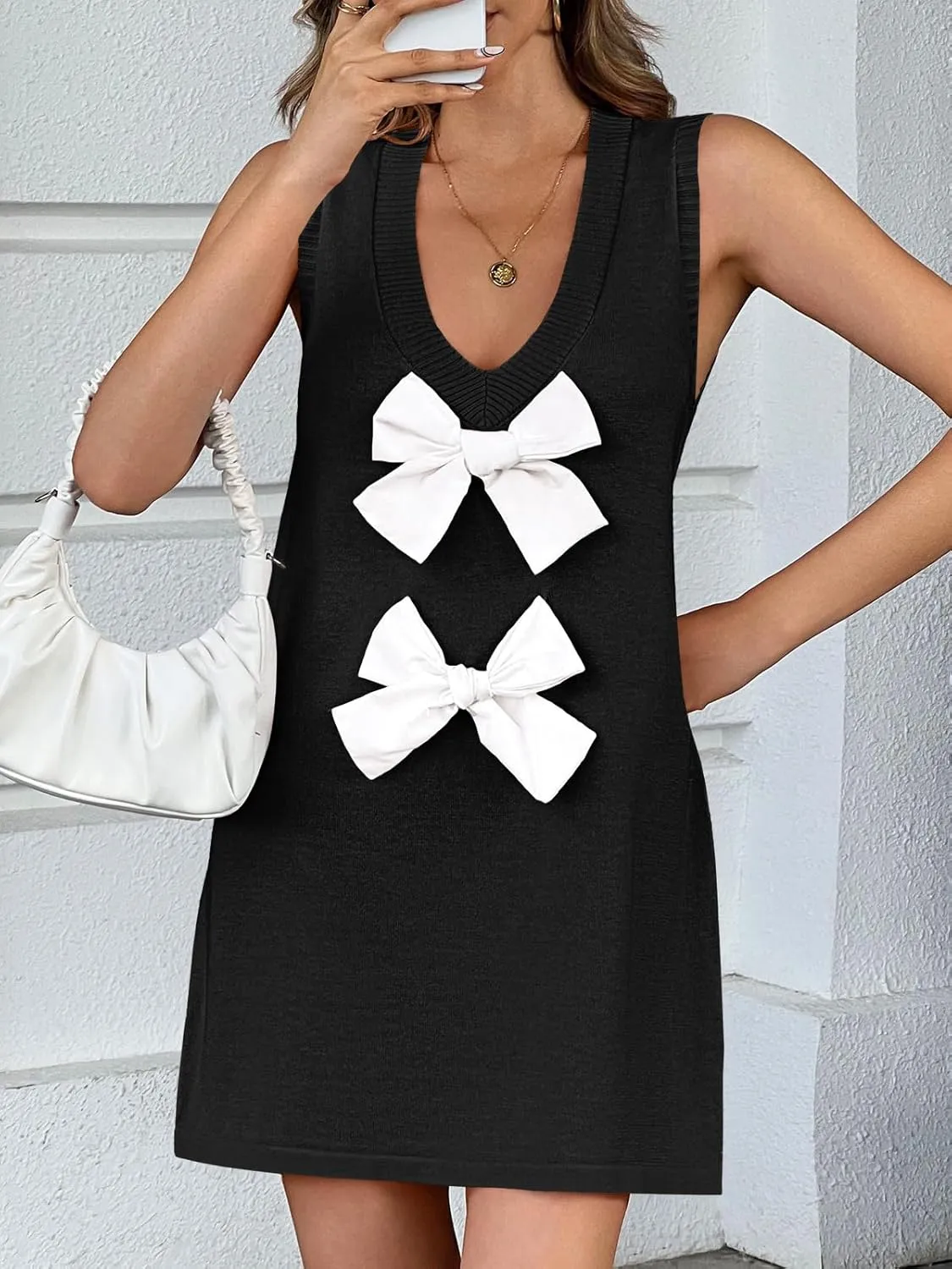 Wenrine Womens Sleeveless Mini Dress Summer Deep V Neck Bowknot Casual Loose Fit Knit Shift Dresses