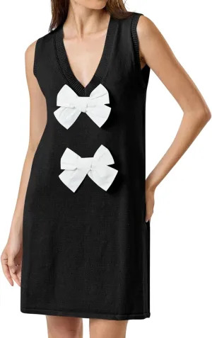 Wenrine Womens Sleeveless Mini Dress Summer Deep V Neck Bowknot Casual Loose Fit Knit Shift Dresses