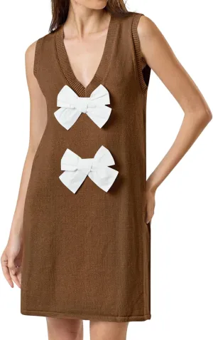 Wenrine Womens Sleeveless Mini Dress Summer Deep V Neck Bowknot Casual Loose Fit Knit Shift Dresses