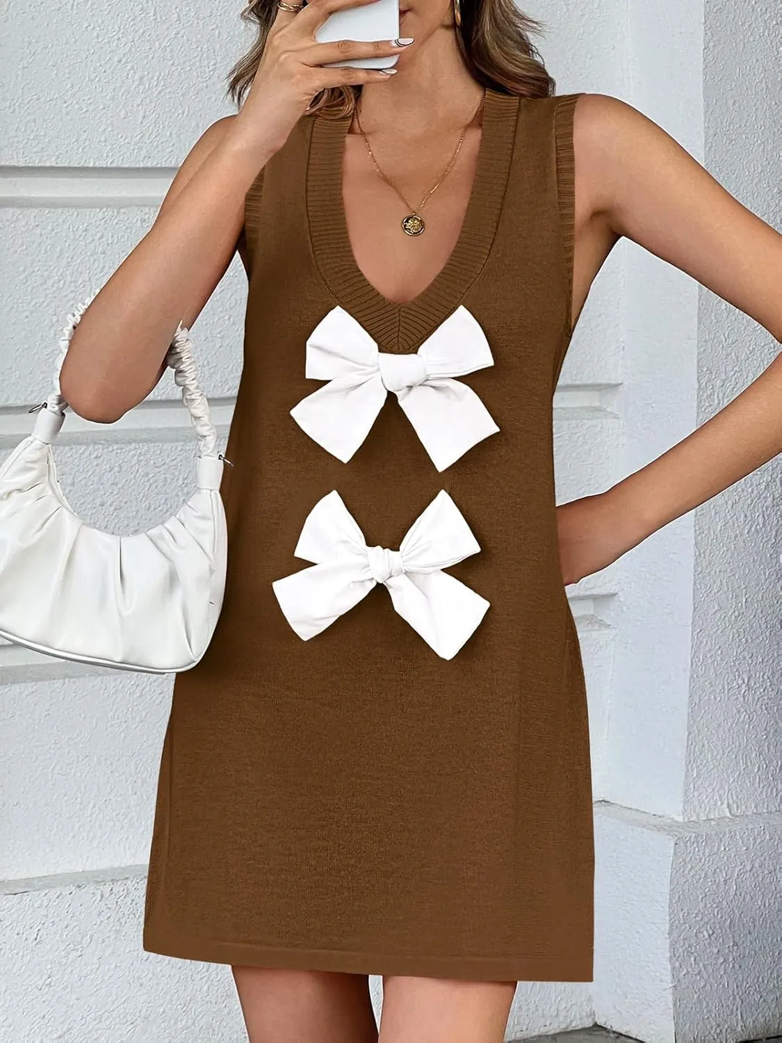 Wenrine Womens Sleeveless Mini Dress Summer Deep V Neck Bowknot Casual Loose Fit Knit Shift Dresses