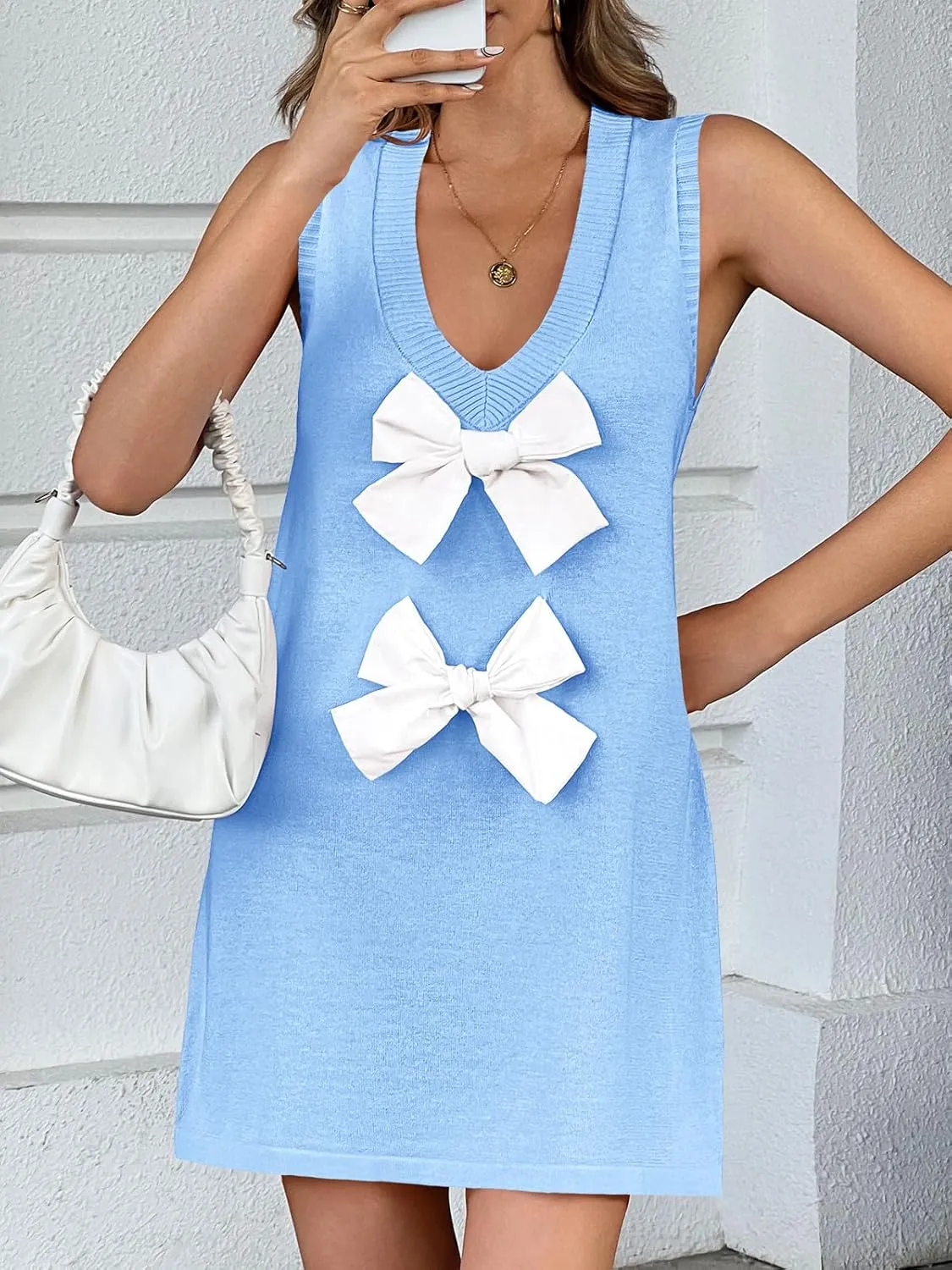 Wenrine Womens Sleeveless Mini Dress Summer Deep V Neck Bowknot Casual Loose Fit Knit Shift Dresses