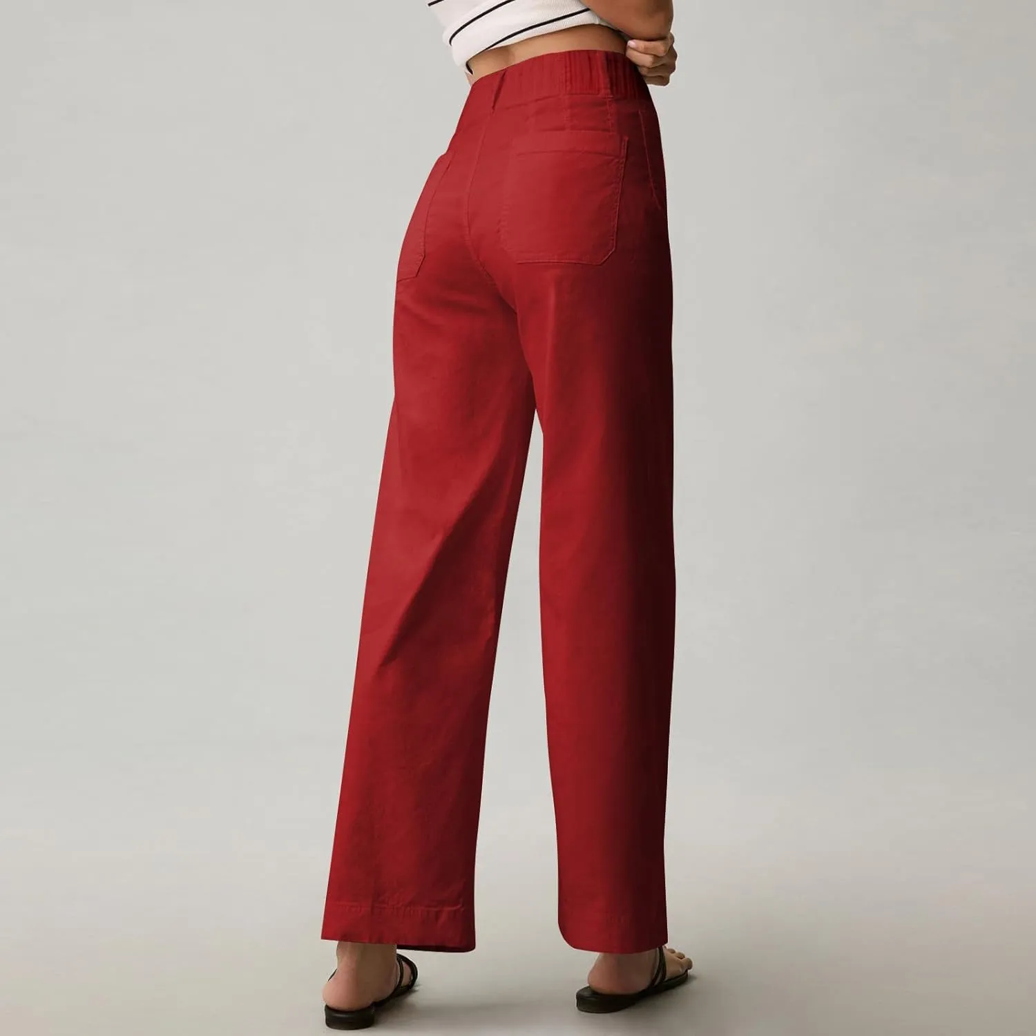 Wide Leg Jeans Women High Waisted Stretch Twill Cropped Pants with Pocket Casual Straight Leg Pants Comfy Chino Pants