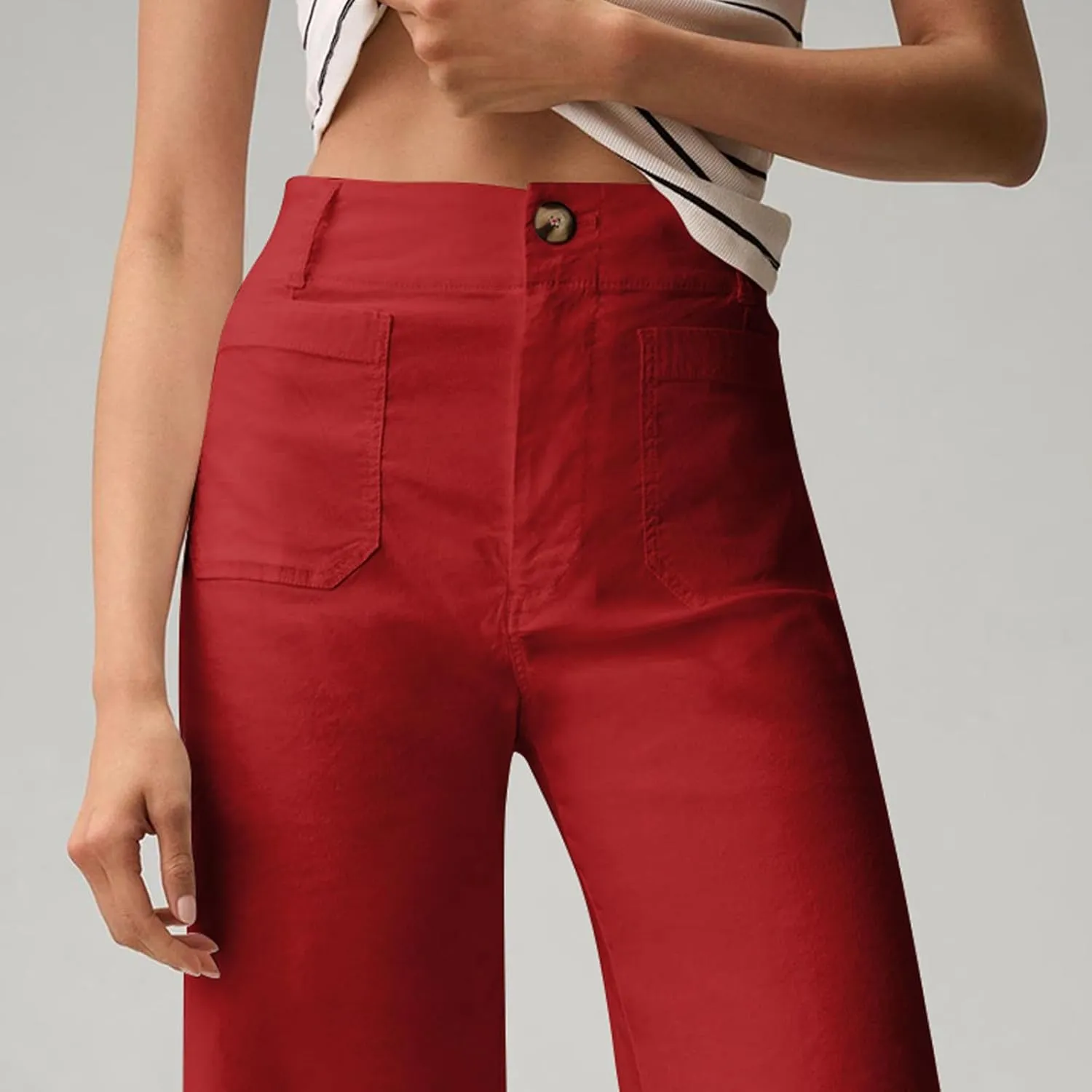Wide Leg Jeans Women High Waisted Stretch Twill Cropped Pants with Pocket Casual Straight Leg Pants Comfy Chino Pants
