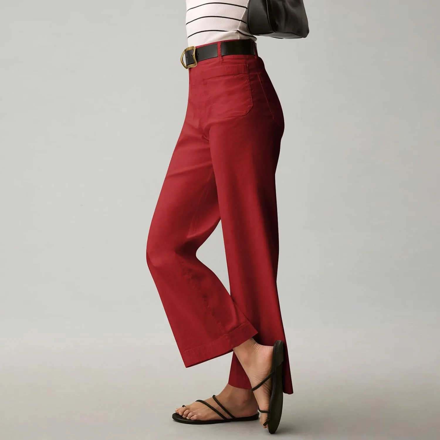 Wide Leg Jeans Women High Waisted Stretch Twill Cropped Pants with Pocket Casual Straight Leg Pants Comfy Chino Pants