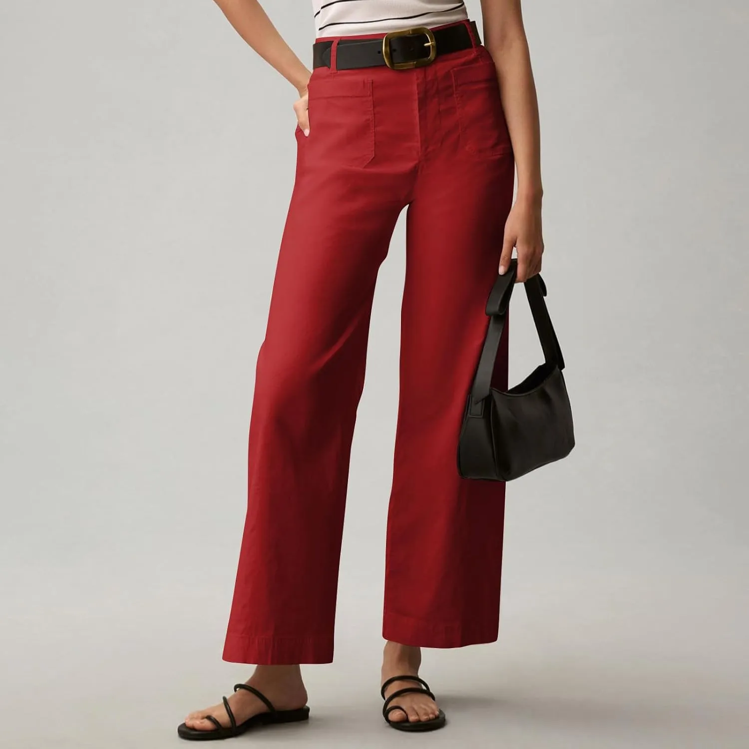 Wide Leg Jeans Women High Waisted Stretch Twill Cropped Pants with Pocket Casual Straight Leg Pants Comfy Chino Pants