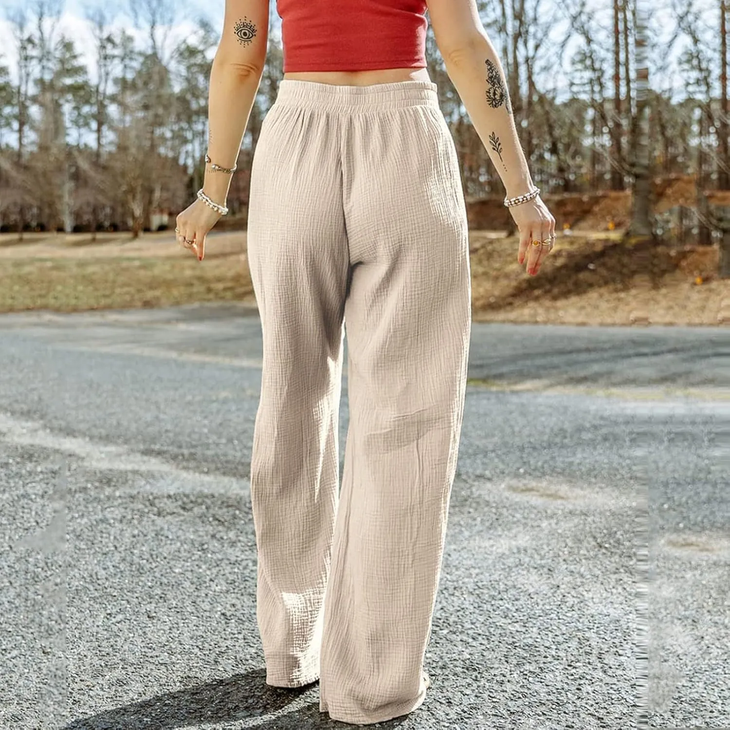 Wide Leg Linen Pant Woman Summer Beach Drawstring Elastic High Waist Palazzo Pant Cotton Linen Trousers with Pockets