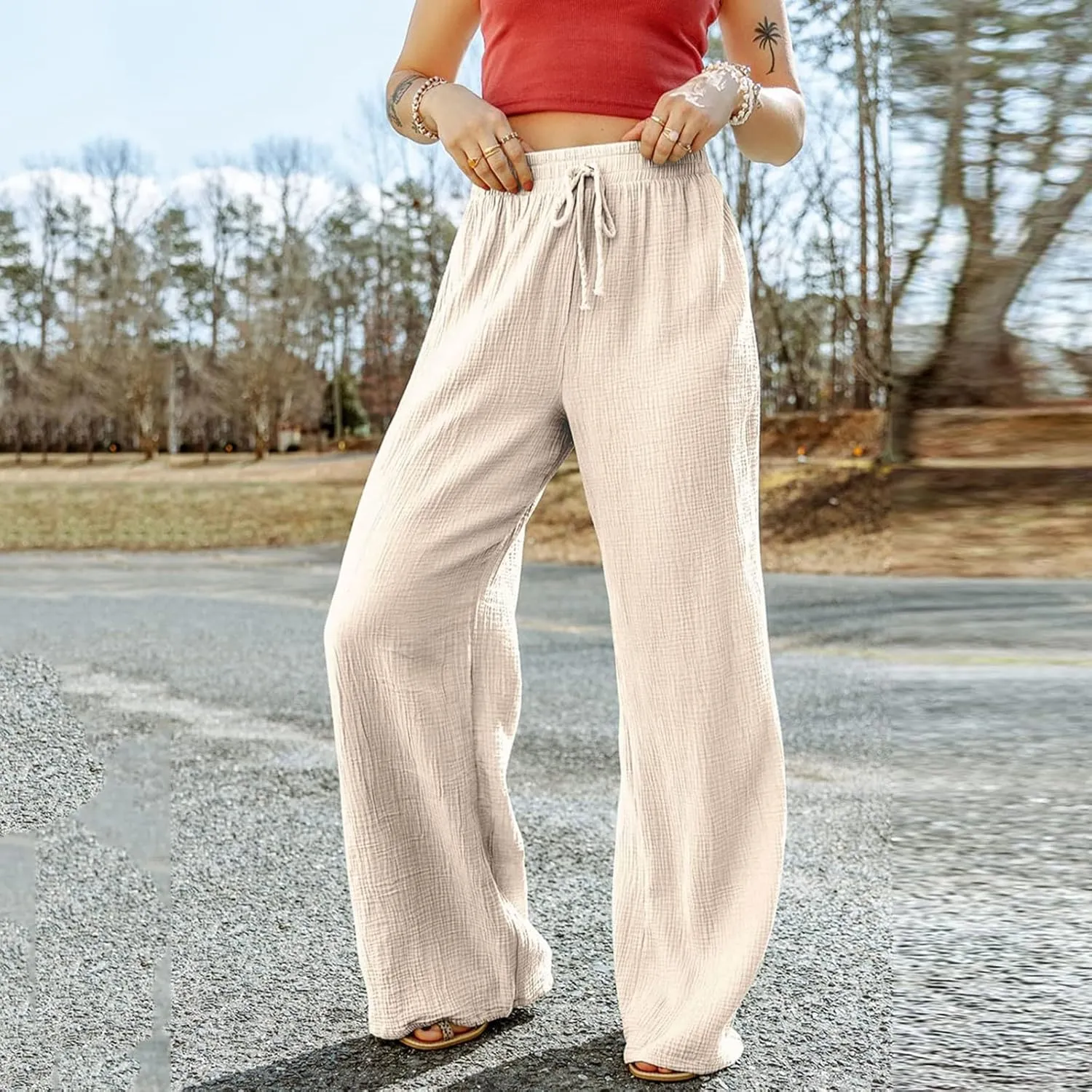 Wide Leg Linen Pant Woman Summer Beach Drawstring Elastic High Waist Palazzo Pant Cotton Linen Trousers with Pockets