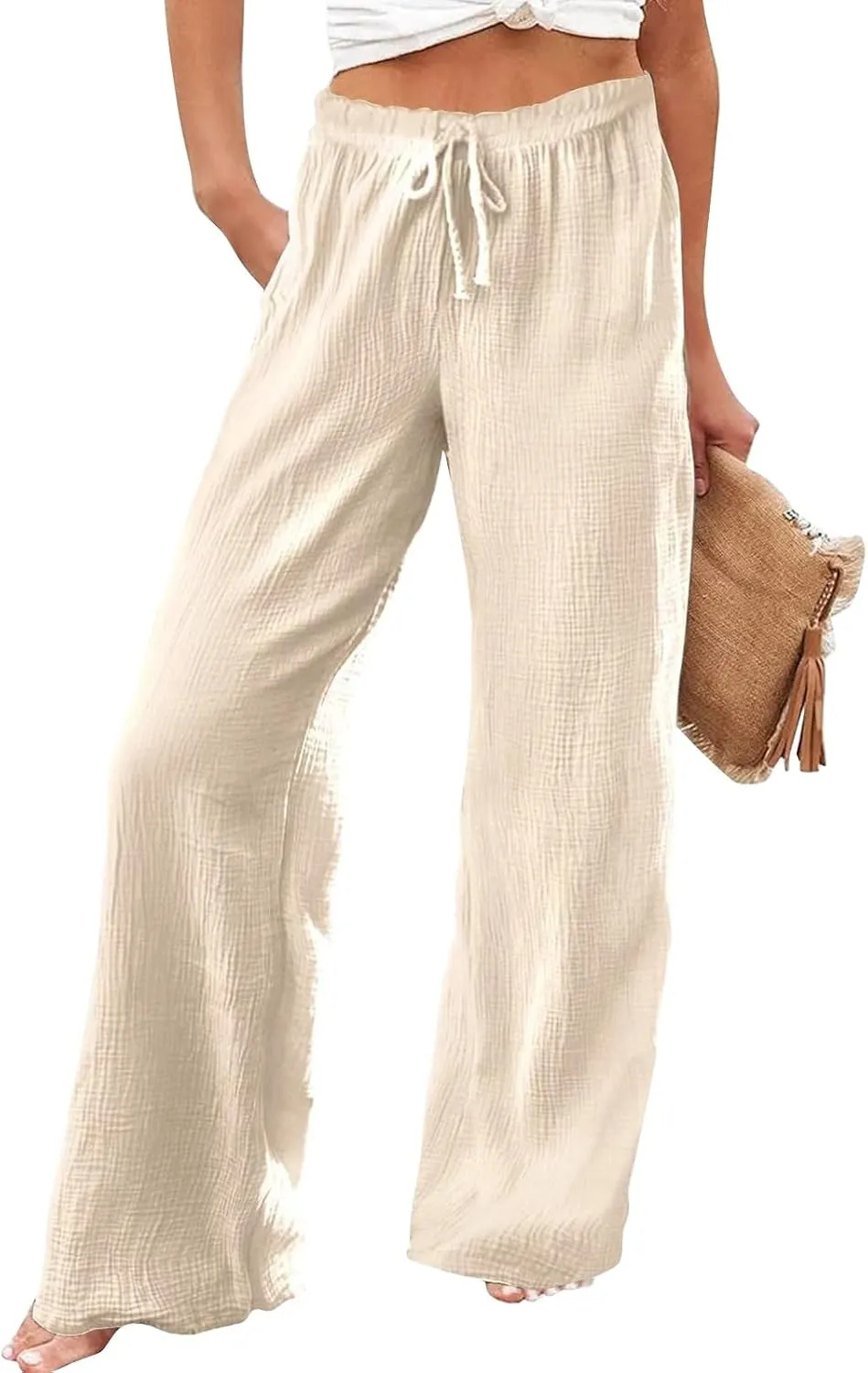 Wide Leg Linen Pant Woman Summer Beach Drawstring Elastic High Waist Palazzo Pant Cotton Linen Trousers with Pockets